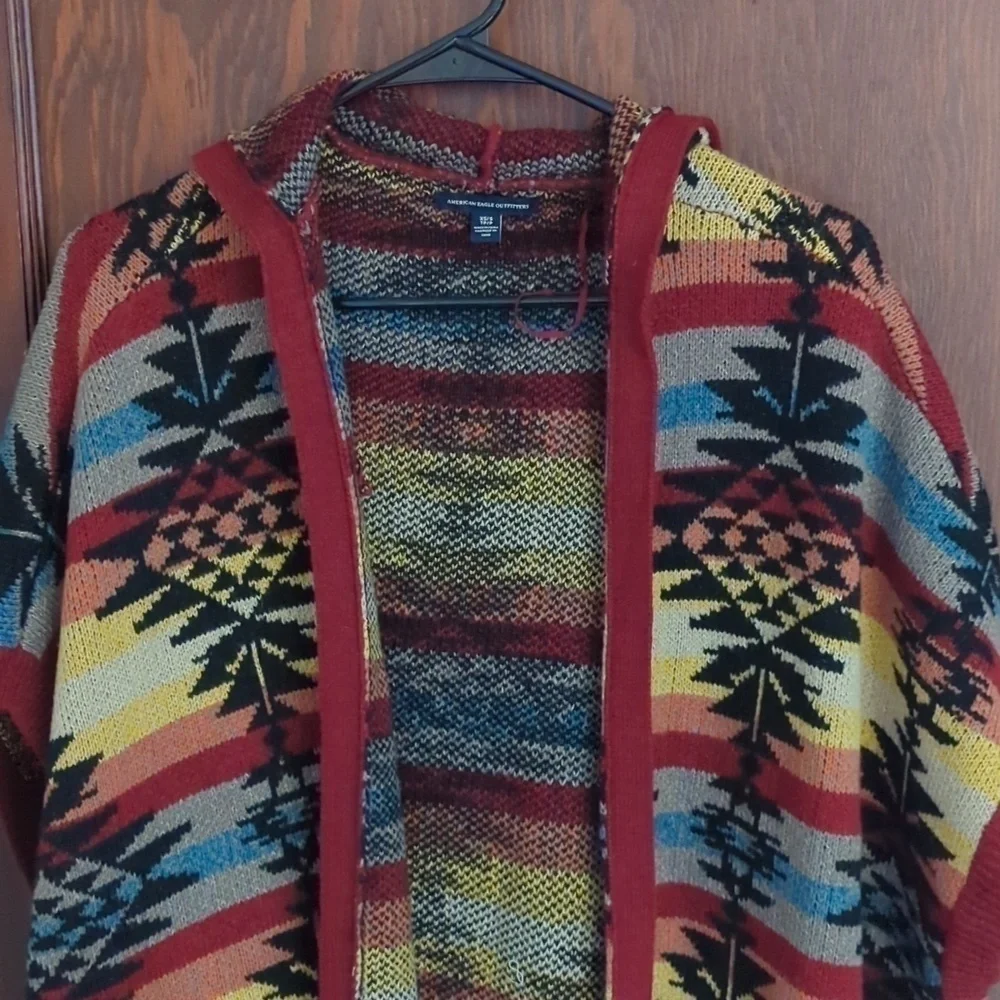 American Eagle Outfitters Open Hooded Aztec Fringe Festival Wrap Size XS/S